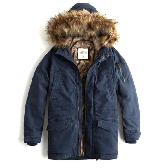 HOLLISTER Faux Fur Lined Twill Parka Coat Blue Men’s M Epic Flex Heritage NEW - Picture 1 of 14